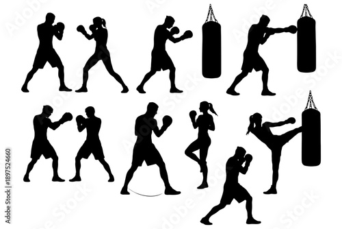 Silhouette of boxers and martial artists training with punching bags.