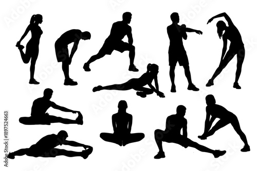 Silhouettes of diverse adults stretching in various exercise poses.