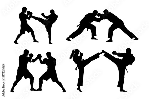 Martial arts silhouettes: karate and boxing poses.