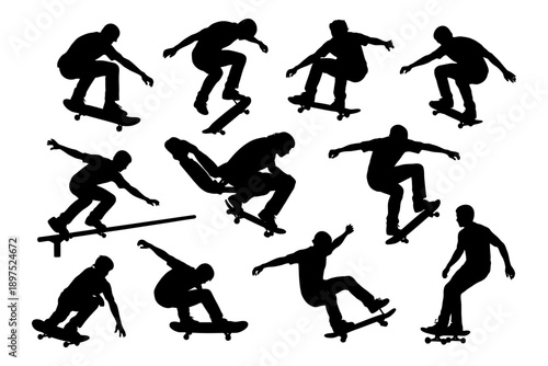Silhouettes of skateboarding tricks by diverse individuals.