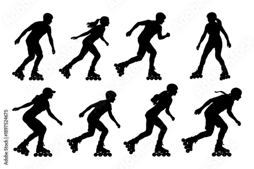 Silhouettes of diverse people rollerblading: men women teens and adults skating outdoors.