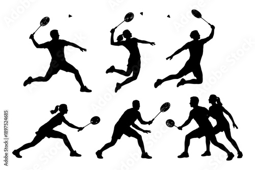 Silhouette of diverse athletes playing badminton in dynamic poses.