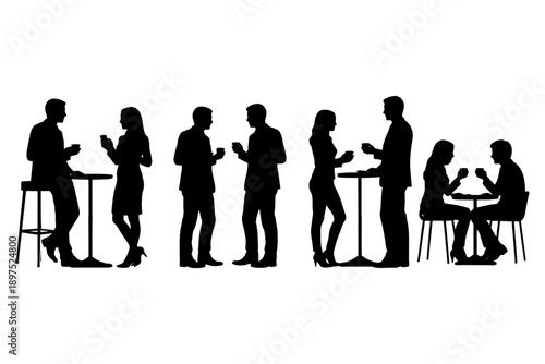 Silhouette of diverse adults socializing and drinking coffee in various poses.