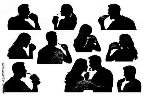 Silhouettes of diverse individuals eating and drinking snacks.