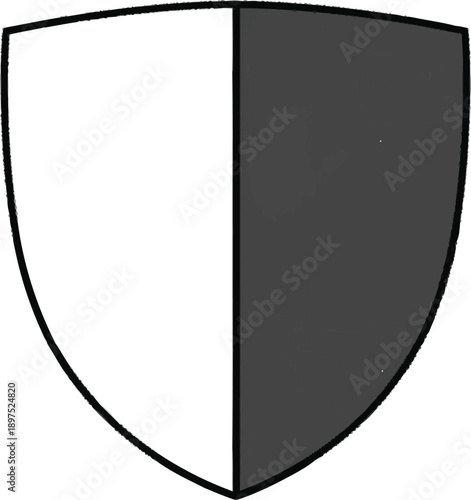 Shield emblem with vertical division and gray half for security company branding heraldic protection and defense logo