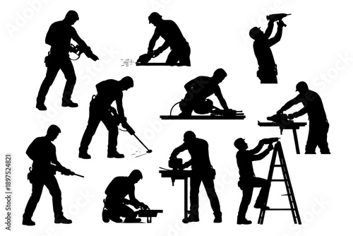 Silhouette collection of male construction workers performing various tasks.