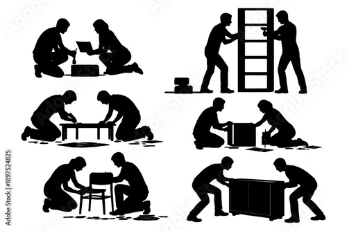 Silhouettes of people assembling furniture pieces in various positions.