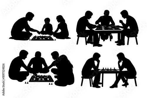 Silhouettes of people playing chess: families and friends engaged in strategic games.