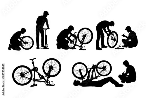 Silhouettes of a male cyclist repairing and maintaining a bicycle.