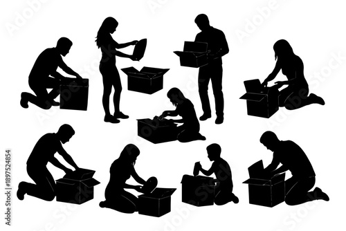 Silhouettes of people unpacking boxes: diversity in gender and activity.