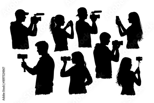 Silhouette of diverse individuals using cameras for filming and photography.