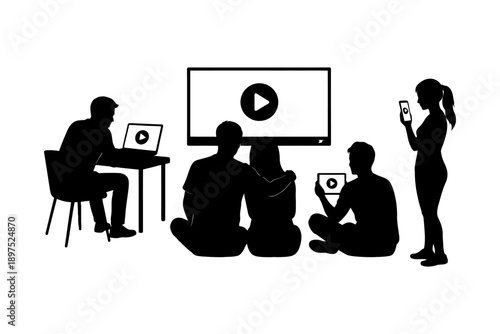 Silhouette of diverse group engaging with digital technology and media.