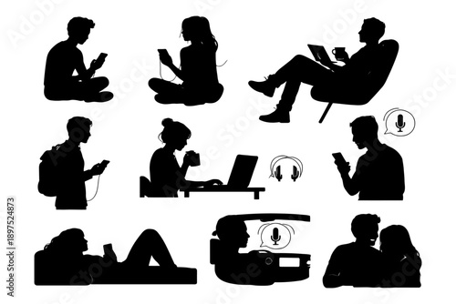 Silhouettes of people engaged in modern technology activities.