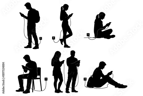 Silhouettes of young adults using smartphones while charging devices.