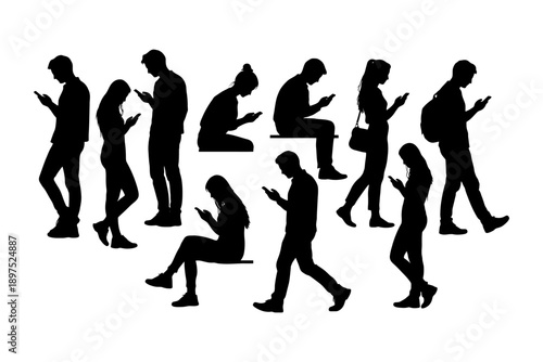 Silhouettes of people engaged with smartphones in various poses.