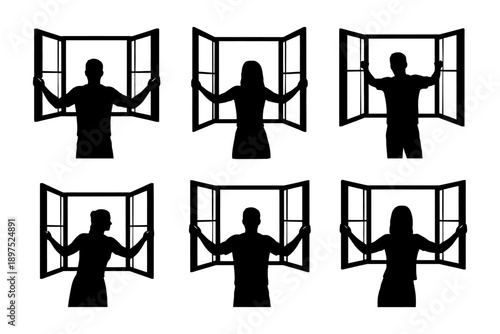 Silhouette of diverse adults opening windows in black and white design.