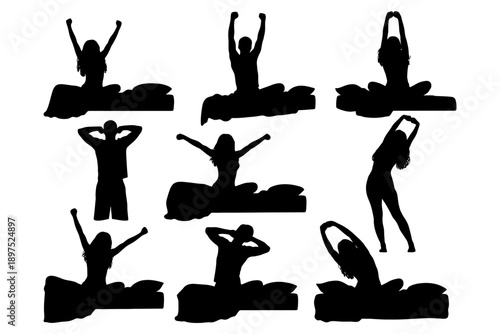 Silhouette of people stretching and relaxing on beds in dynamic poses.