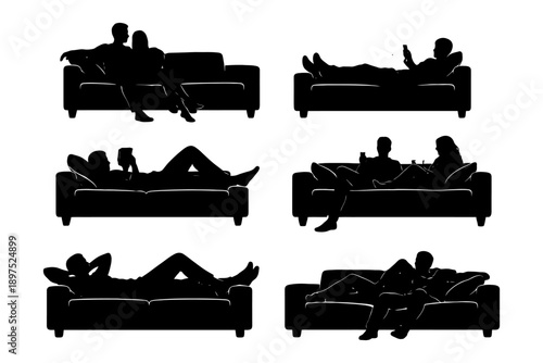 Silhouettes of people relaxing on sofas in various poses.