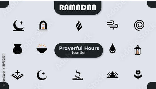 Collection of minimalist black and beige icons representing different aspects and elements associated with Ramadan spiritual observance and prayerful hours.