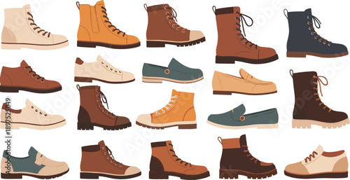 Collection of Modern Men and Women Autumn Footwear Icons Featuring Leather Boots, Casual Shoes, Loafers, and Sneakers for Fashion Design and Retail Apps