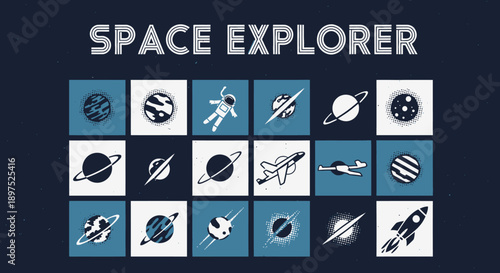 Space explorer themed icon set with planets, astronauts, rockets, and satellites on a dark blue background.