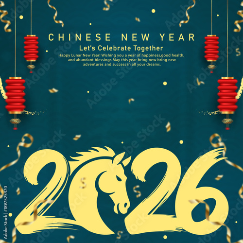 Chinese New Year 2026 Year of the Horse Celebration Poster, Modern Lunar New Year Greeting with Horse Zodiac and Lanterns, Festive 2026 Chinese New Year Banner with Golden Horse Silhouette