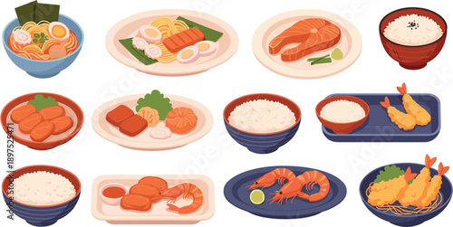 Large Set of Traditional Japanese Food Icons Featuring Ramen Bowls, Sushi, Grilled Salmon, Tempura Shrimp, Steamed Rice, and Sashimi for Restaurant Menu Graphic Designs