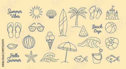 Set of Minimalist Summer and Beach Themed Line Art Icons on a Soft Yellow Background