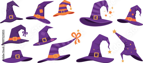 Whimsical Collection of Purple and Orange Witch Hats with Buckles, Stars, and Patches for Halloween Parties, Spooky Magic Themes, and Seasonal Autumn Holiday Graphic Designs