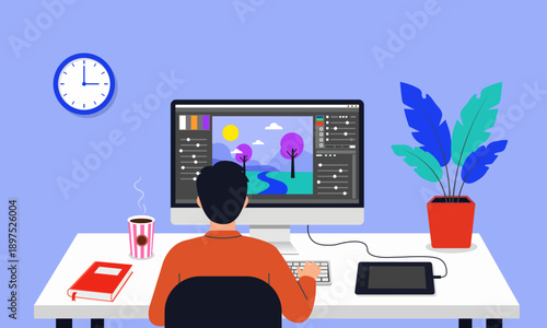 A digital artist works on a colorful landscape painting on their computer