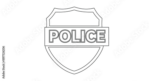 Black and white line drawing of a police badge with the word police