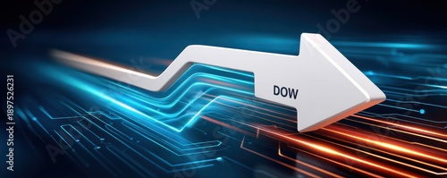 Downward arrow on a dark blue digital background representing stock market decline and technology