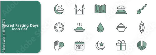 Collection of religious fasting and observance icons representing essential elements of a sacred spiritual period.