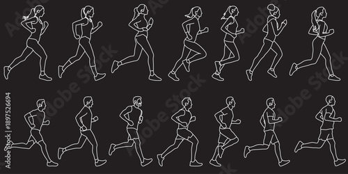 Running people line vector set, side view, Men and Women, Jogging, exercise, workout, customizable stroke, illustration