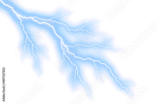A bright blue lightning bolt strikes against a dark background