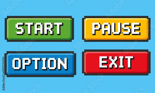 Retro Pixel Art Game Button Set Featuring Start, Pause, Exit, and Option Commands, Colorful 8-Bit UI Elements for Video Game Interface Design, Indie Game Asset Pack Isolated on Blue Background