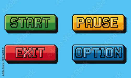 Retro Pixel Art Game Button Set Featuring Start, Pause, Exit, and Option Commands, Colorful 8-Bit UI Elements for Video Game Interface Design, Indie Game Asset Pack Isolated on Blue Background