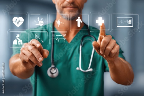 Doctor using digital medical interface with holographic health care icons and touch screen controls