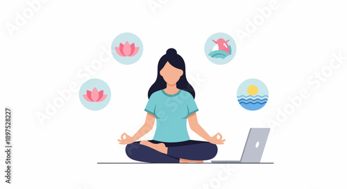 Cartoon woman meditating with icons of heart, exercise, sun, water beside a laptop, balancing work and nature in a peaceful scene