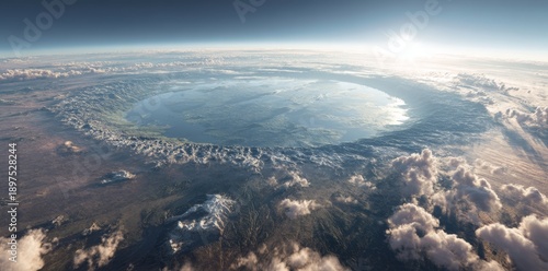 Stunning Aerial View of a Massive Impact Crater Filled with Water, Surrounded by Clouds at Sunrise.