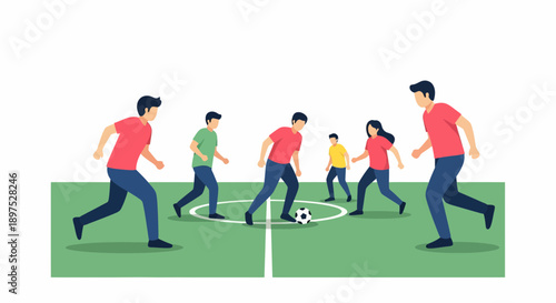 Cartoon illustration of six players kicking a soccer ball on a green field in action