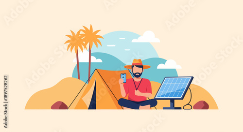 Relaxing Man with Phone on Beach, Sunlit Tent and Solar Panel Over Palm Trees under Clear Sky
