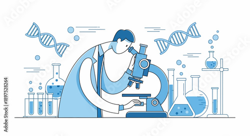 Focused Scientist Examining DNA Under Microscope in a Blue-White Laboratory, Digital Illustration from a Front View