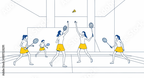Four Women in Minimalist Style, White Bodies, Blue Hair, Yellow Skirts, Court Outline, Mid-Air Shuttlecock