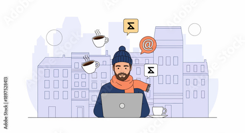 Remote Freelancer Man at Desk with Laptop and Coffee in Light Purple Cityscape, Communicating via Symbols and Speech Bubbles