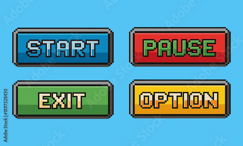 Retro Pixel Art Game Button Set Featuring Start, Pause, Exit, and Option Commands, Colorful 8-Bit UI Elements for Video Game Interface Design, Indie Game Asset Pack Isolated on Blue Background