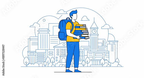 Student explores cityscape while reading books, tablet in hand, wearing yellow shirt and backpack – a blue and yellow illustration of urban learning