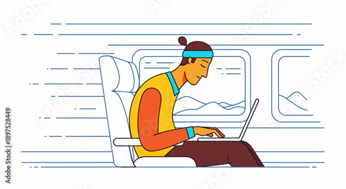 Man on train works on laptop wearing yellow vest and blue headband in a colorful illustration