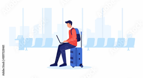 Man Working on Laptop atop Suitcase in Calm Airport Waiting Area – A Calm, Minimalist Illustration of Travel