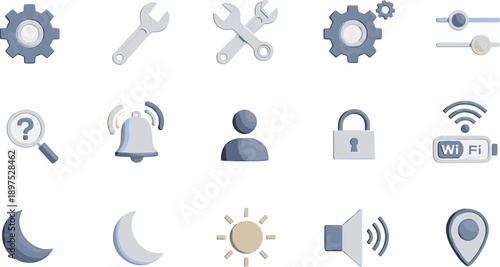 Settings and interface icon set, gear, tools, notifications, user profile, wifi, lock, dark mode, system controls, vector